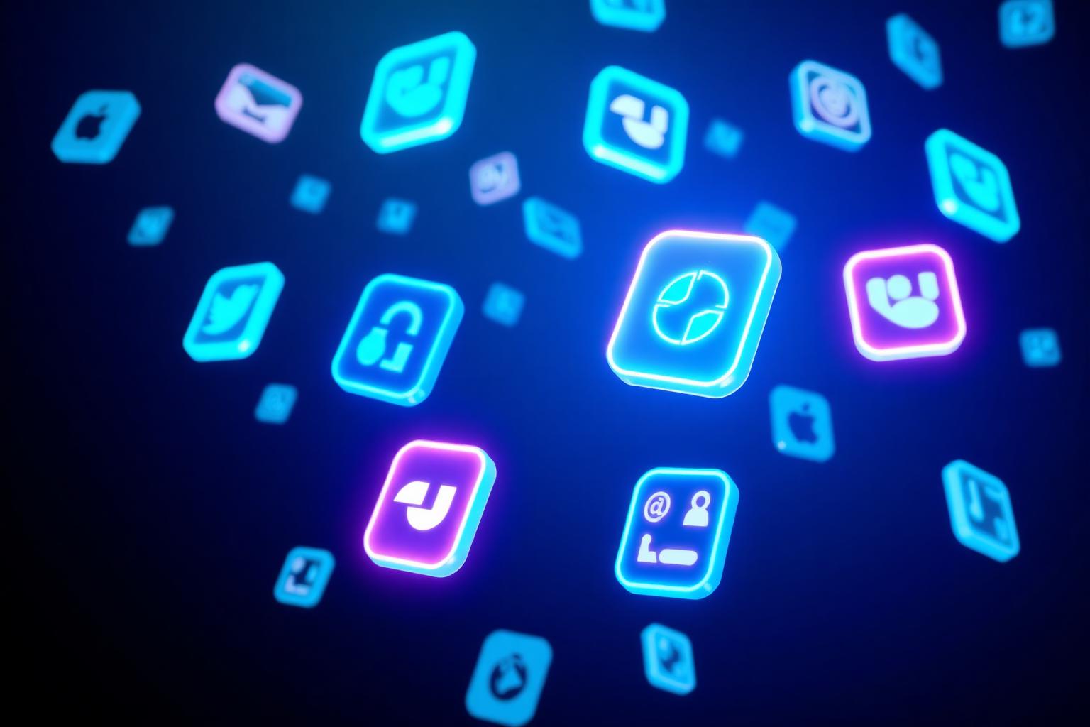 Floating glowing app icons representing Weztech's portfolio